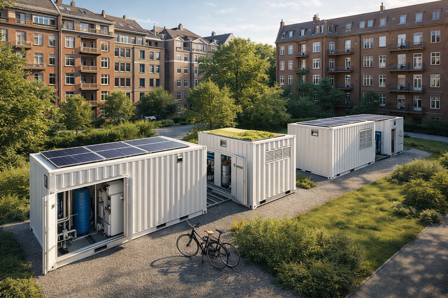 Drei ThermaGrid Container in begrünter Außenanlage zwischen Altbaubestand