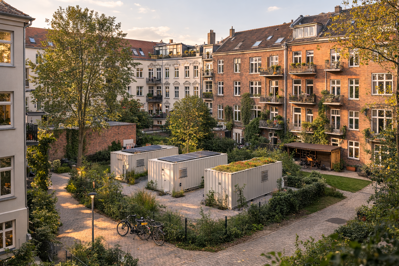 ThermaGrid Container dezent in einen grünen Innenhof integriert