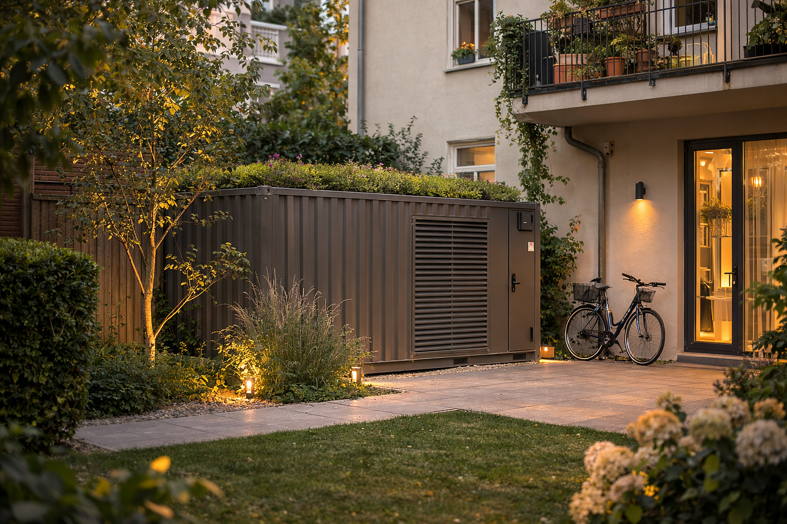 Kompakter ThermaGrid Container in wohnlicher Hofsituation